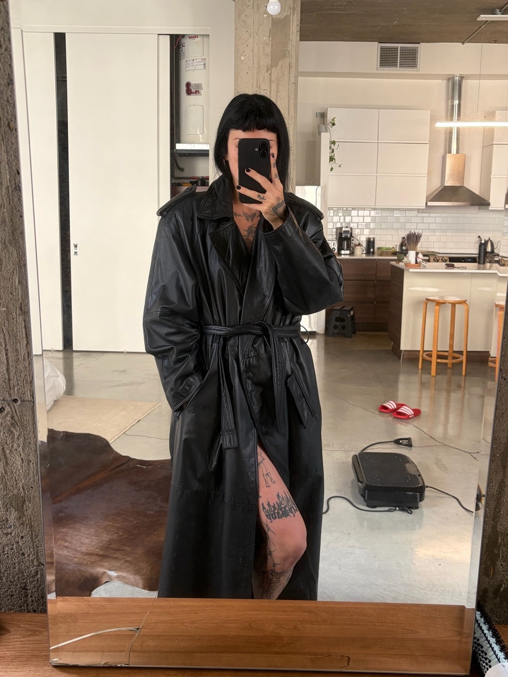 bagatelle Black Leather Trench Coat with Tie Waist